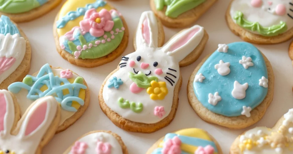 Easter-themed cookies shaped like bunnies and flowers, decorated with pastel icing on a decorative plate.