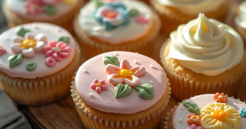 Variety of spring cookies including sugar cookies, flower cookies, and iced designs on a pastel background.