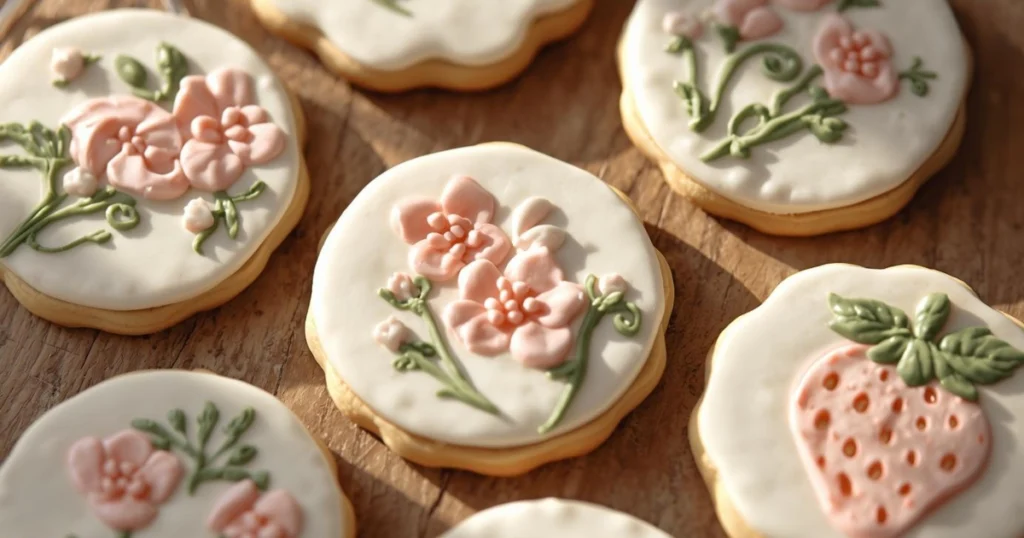 Variety of spring cookies including sugar cookies, flower cookies, and iced designs on a pastel background.