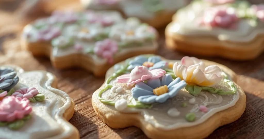 Bowl of colorful sprinkles and flower-shaped cookies ready for decorating on a spring-themed table.