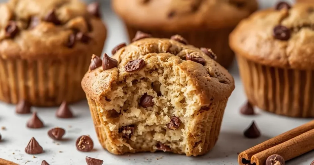 Twelve freshly baked cinnamon chip muffins in a muffin tray with golden tops and cinnamon chips visible.