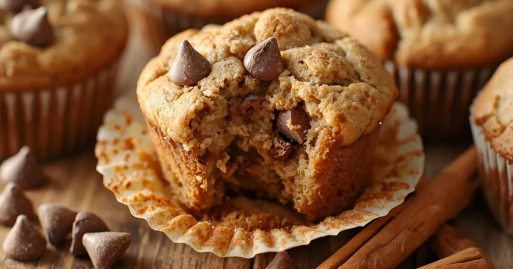 Twelve freshly baked cinnamon chip muffins in a muffin tray with golden tops and cinnamon chips visible.