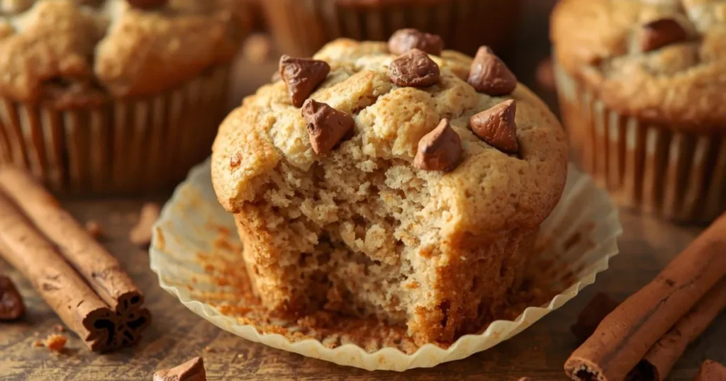 Warm cinnamon muffins fresh from the oven with steam slightly visible and cinnamon chips melted on top.

