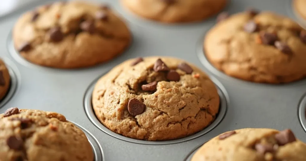 Baking ingredients including flour, eggs, cinnamon chips, and milk arranged on a kitchen counter before making muffins.