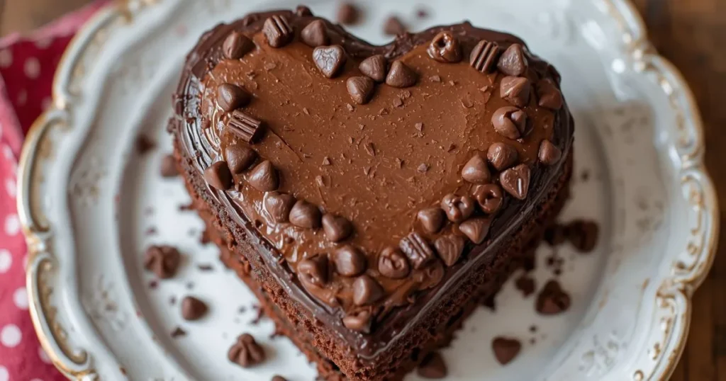 A heart-shaped chocolate vintage cake with smooth buttercream frosting, elegant piping details, and a romantic homemade bakery-style finish.