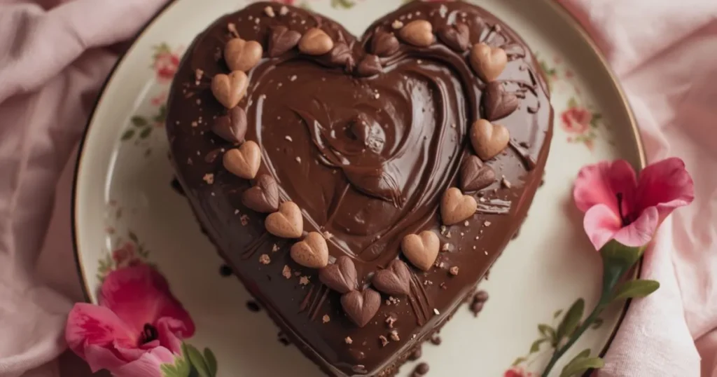 A beautifully decorated chocolate vintage heart cake with soft piping details, creamy frosting, and a romantic aesthetic presentation on a plate.