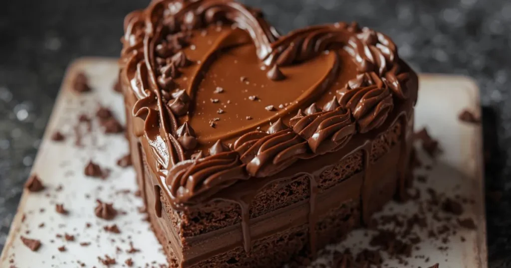 A vintage-style chocolate heart cake with elegant buttercream piping, soft brown frosting, and romantic decorative swirls on top.