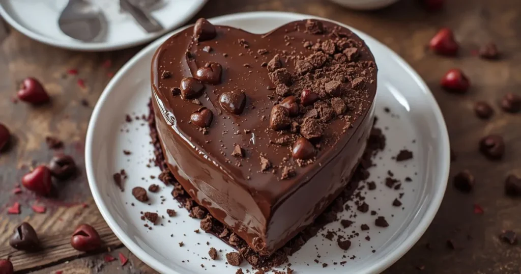 A beautifully decorated chocolate vintage heart cake with soft piping details, creamy frosting, and a romantic aesthetic presentation on a plate.