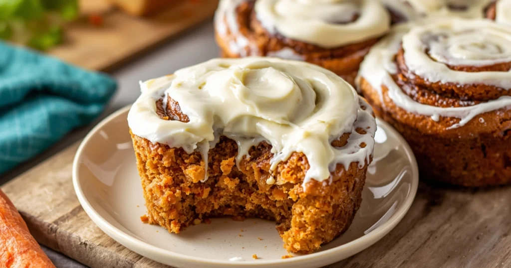 Tray of freshly baked cinnamon rolls with visible swirls of cinnamon and carrot cake filling.