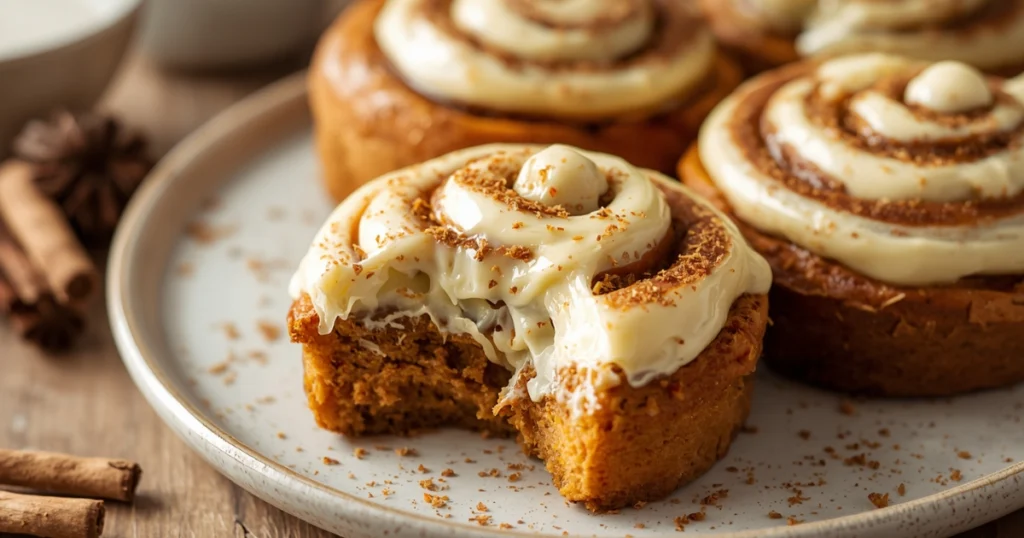 Golden baked cinnamon rolls being pulled apart showing soft fluffy texture.