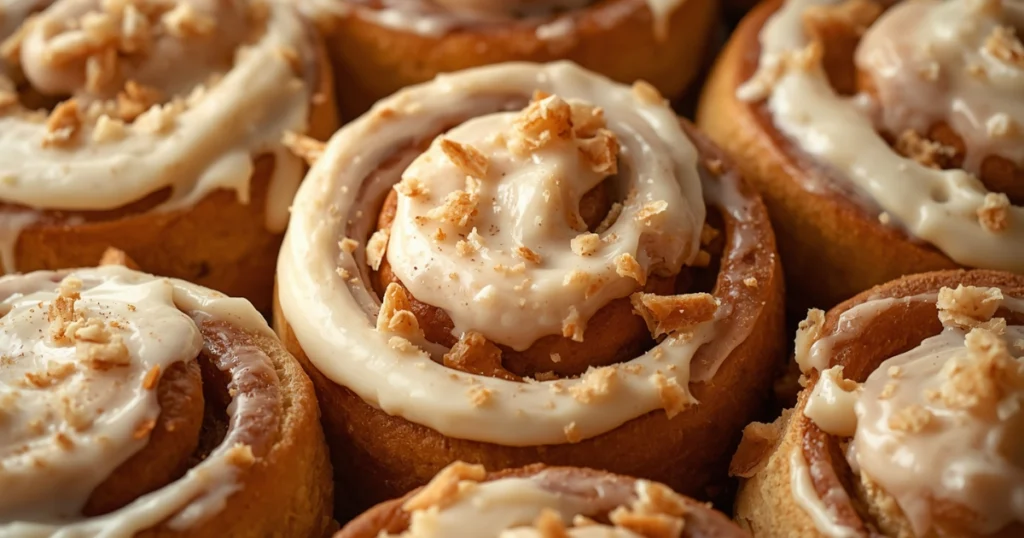 Warm cinnamon rolls topped with cream cheese frosting and sprinkled cinnamon