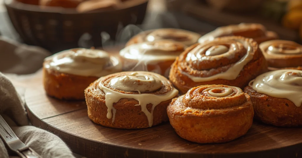 Hand placing frosting over freshly baked cinnamon rolls in a baking tray.