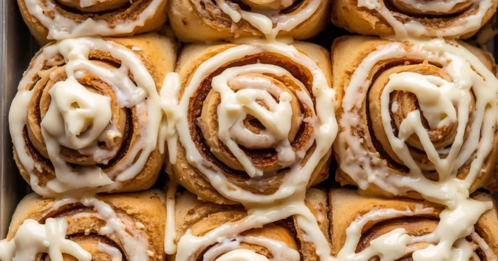 Professional-style cinnamon rolls arranged neatly with glossy cream cheese frosting.