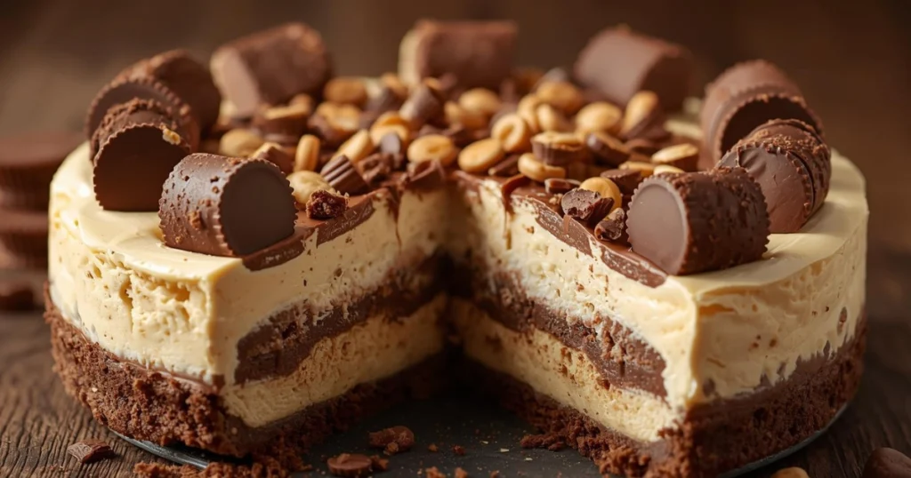 Creamy Reese’s Cup No-Bake Cheesecake with peanut butter cups on top, rich chocolate dessert served chilled.