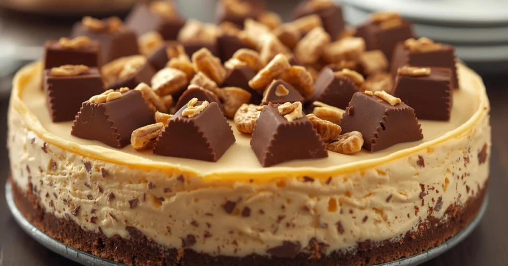 Slice of no-bake Reese’s cheesecake with graham cracker crust and peanut butter cup chunks inside.