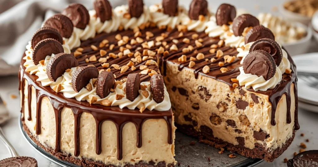 Rich cheesecake topped with chopped Reese’s peanut butter cups and chocolate sauce drizzle.