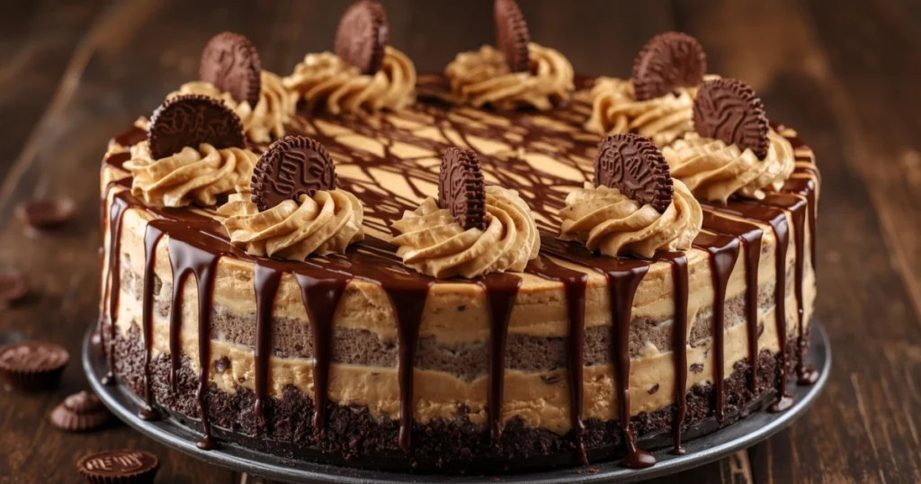 Close-up of creamy no-bake cheesecake slice with chocolate and peanut butter topping.