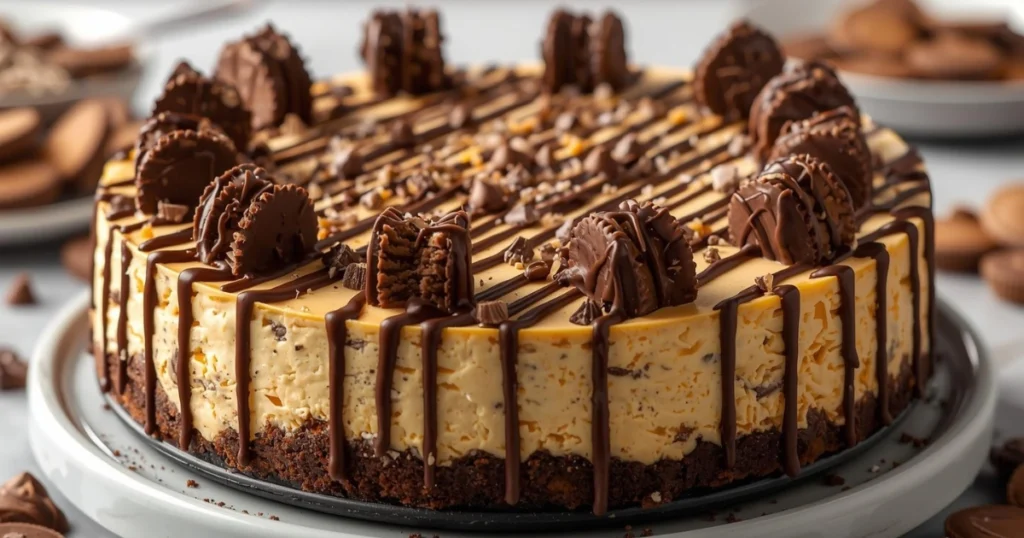 Rich cheesecake topped with chopped Reese’s peanut butter cups and chocolate sauce drizzle.