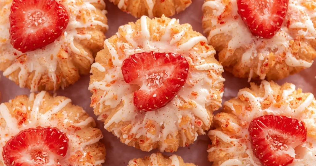 Hands holding warm strawberry lemon cake mix cookies with powdered sugar coating