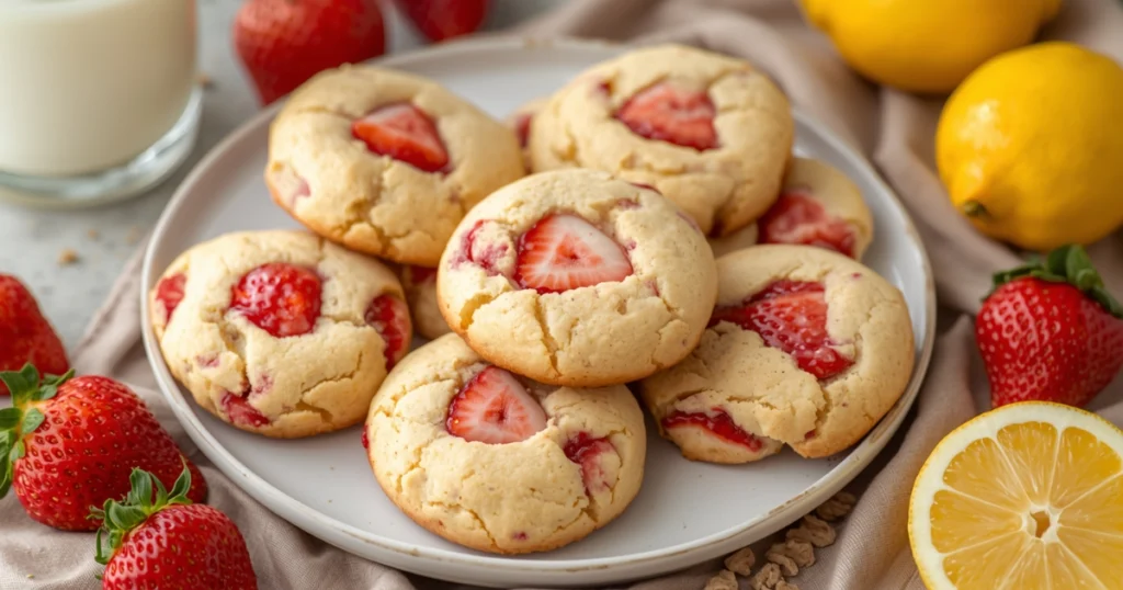 Close-up of strawberry lemon cookies with visible lemon zest and soft chewy texture.