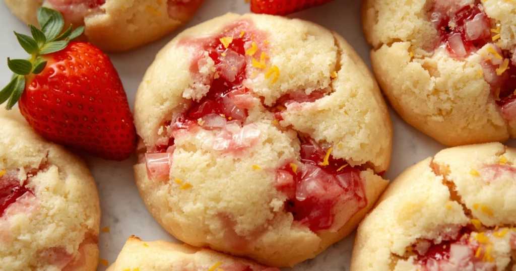 Stack of strawberry lemon cake mix cookies with soft centers and powdered sugar dusting.