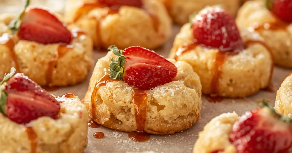 Tray of freshly baked strawberry lemon cake mix cookies cooling on baking sheet