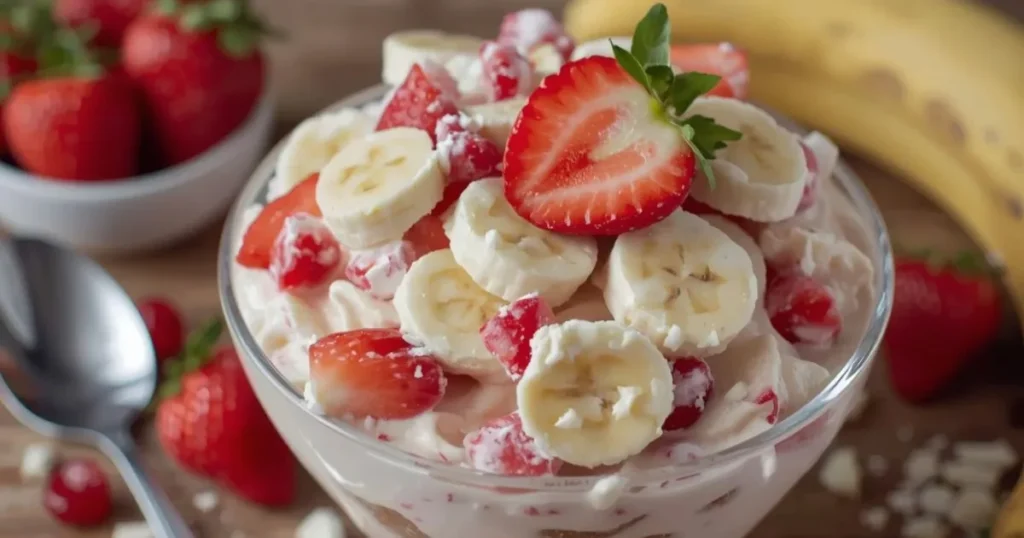 Quick-prep dessert bowl with strawberries, bananas, and whipped cheesecake mixture.