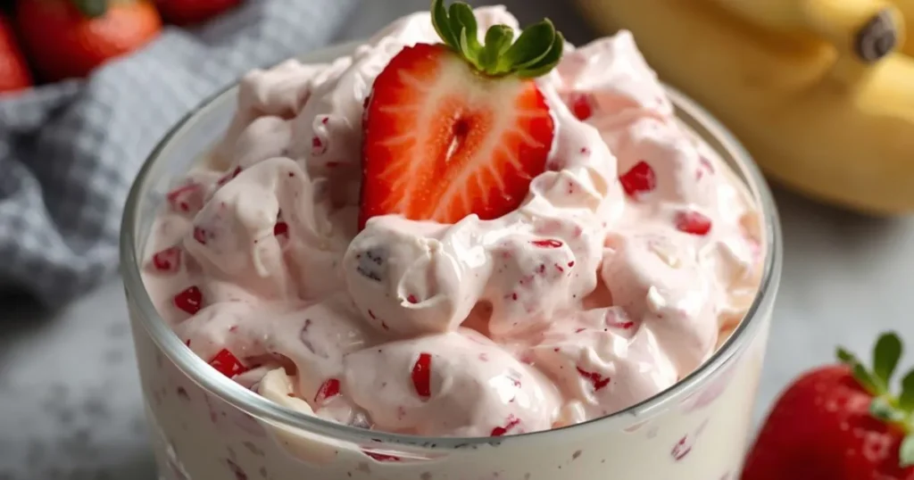 Bright summer fruit salad with strawberries and bananas topped with creamy dressing.