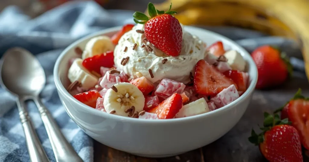 Simple fruit dessert in a bowl featuring strawberries, banana slices, and creamy topping.