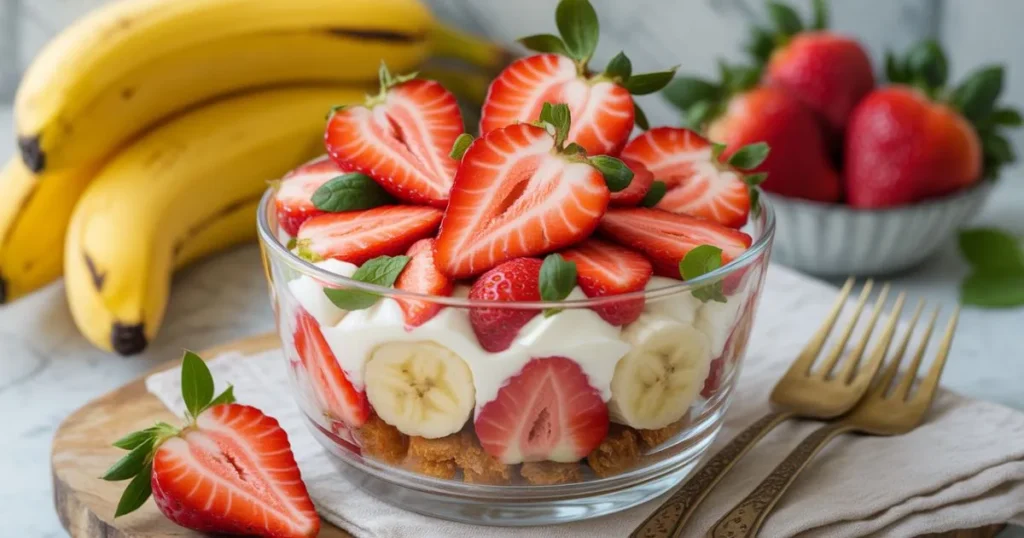 Creamy banana and strawberry dessert salad mixed with cheesecake-style cream.