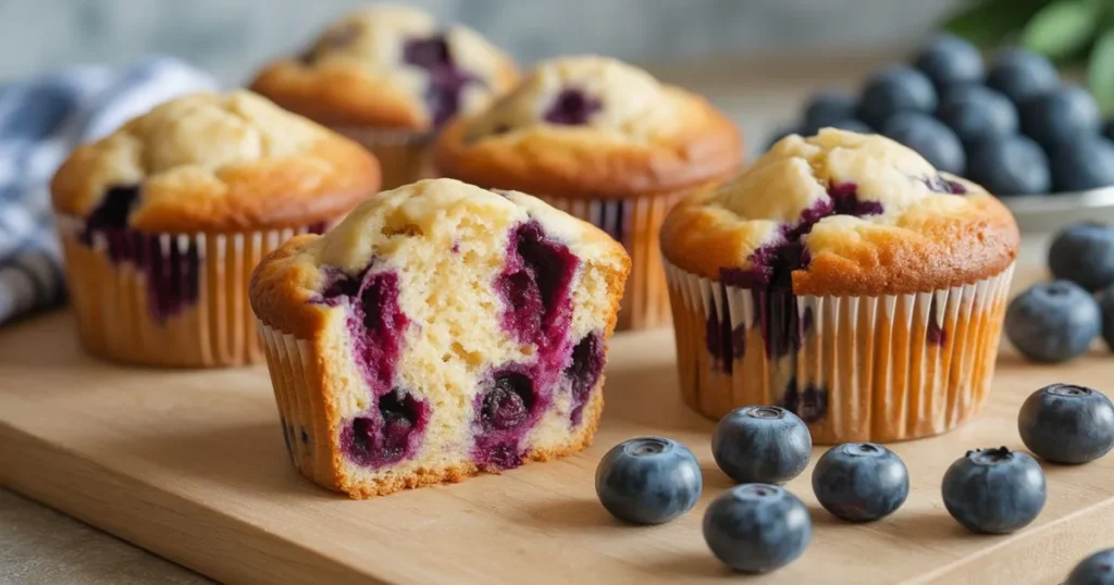 Fresh blueberry muffins with soft fluffy texture and golden tops, served warm on a plate in a cozy morning kitchen setting.