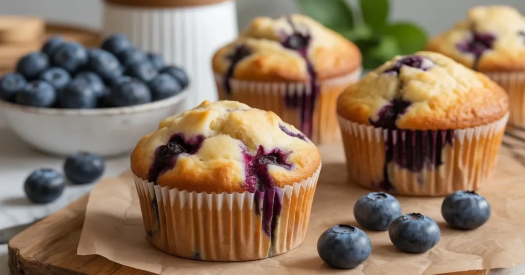 Golden bakery-style blueberry muffins with visible blueberries, fluffy texture, and crisp tops, arranged on a cooling rack in a warm kitchen.