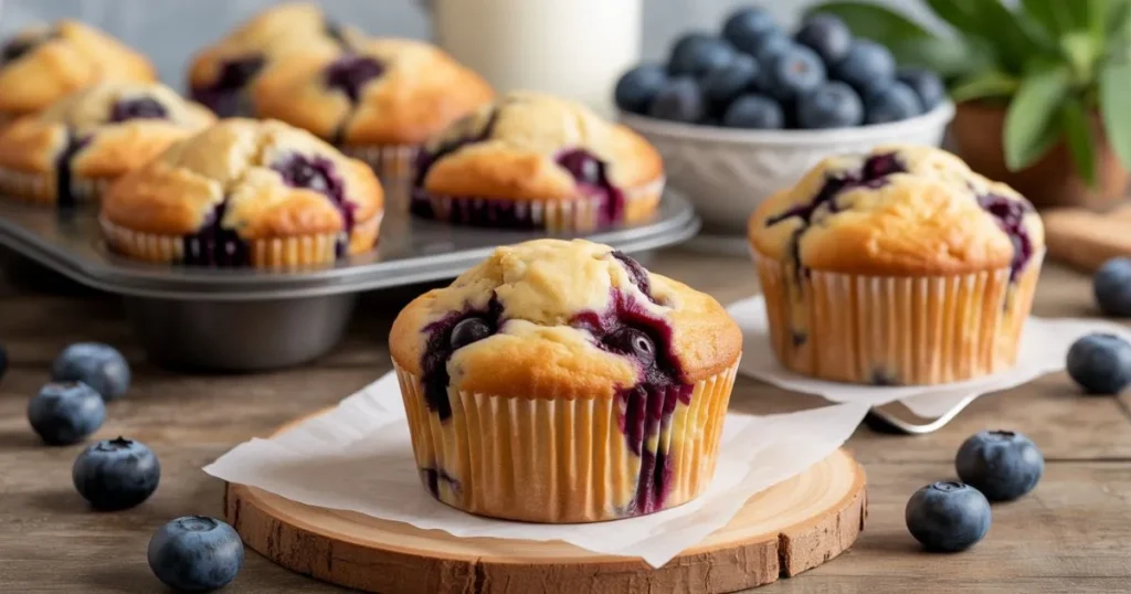 Freshly baked blueberry muffins with golden tops and soft texture, cooling on a wire rack in a cozy home kitchen setting.