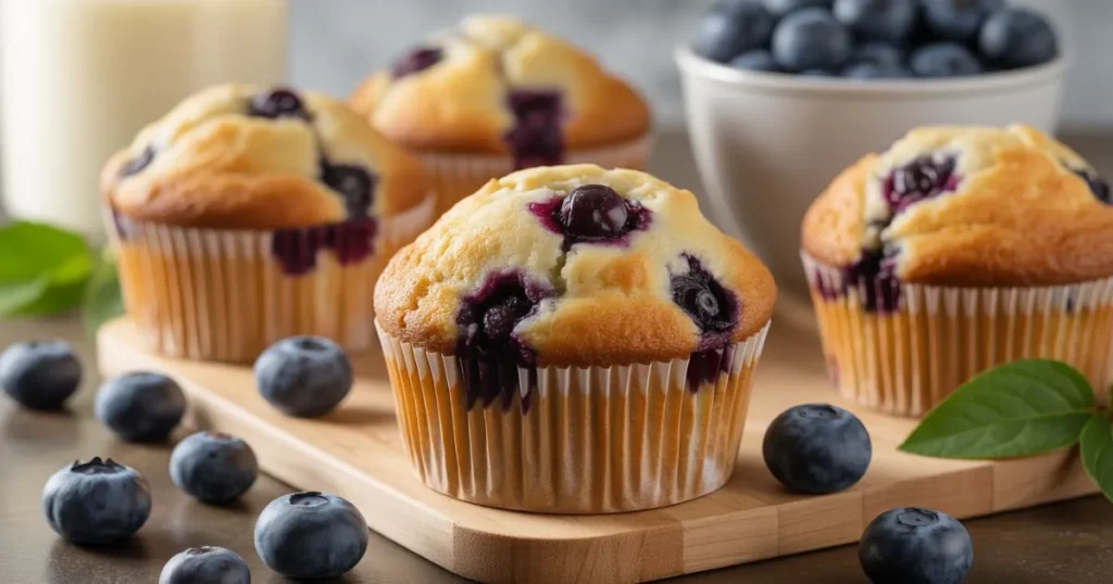 Golden blueberry muffins fresh from the oven with a soft fluffy texture and visible blueberries, cooling on a rack in a warm kitchen.