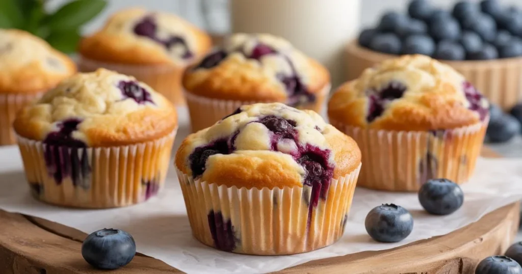 Close-up of freshly baked blueberry muffins with visible blueberries, golden tops, and a soft fluffy texture in a cozy kitchen environment.