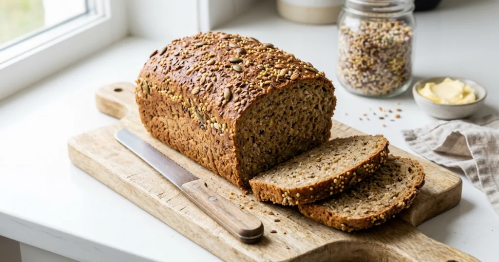 Sliced Ezekiel bread showing dense texture and grains, served with healthy toppings like avocado.