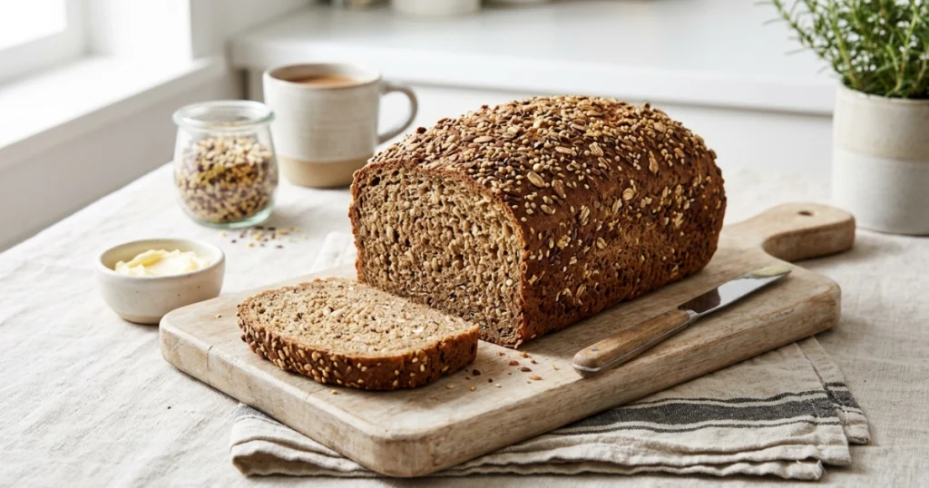Fresh homemade Ezekiel bread loaf on a kitchen counter with seeds sprinkled on top and warm lighting.
