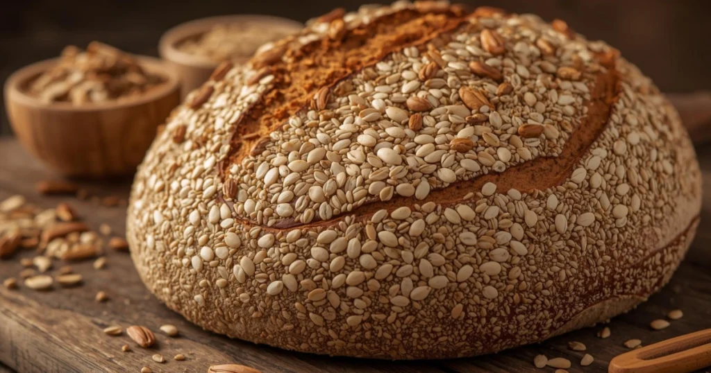 Close-up of Ezekiel bread slices with visible grains, served on a rustic table with natural ingredients nearby.