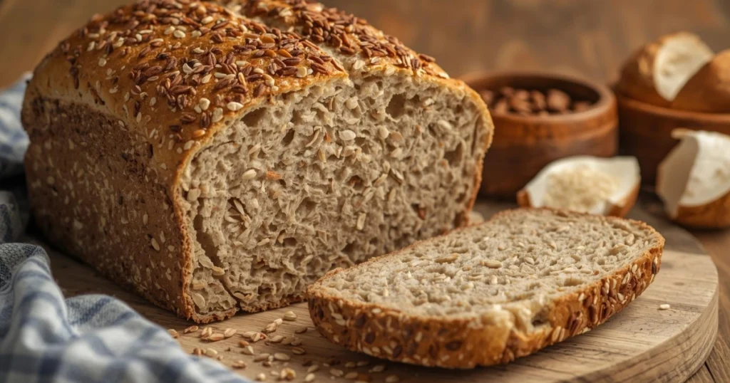 Freshly baked Ezekiel bread loaf with a rustic crust and visible grains, sliced on a wooden board with seeds scattered around in a natural kitchen setting.