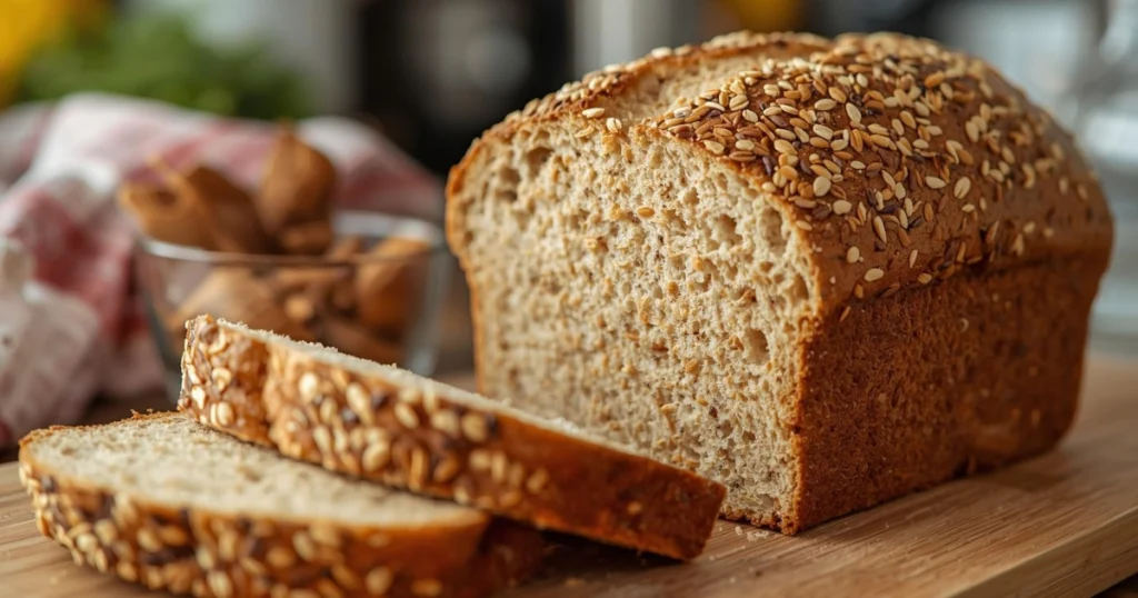 Sliced homemade Ezekiel bread with visible grains and seeds, arranged neatly on a wooden cutting board with a rustic kitchen background.