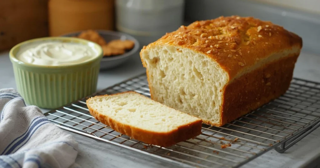 Fresh squaw bread loaf with a soft crumb and golden-brown crust, sliced on a cutting board, butter melting on a warm slice, cozy homemade kitchen setting