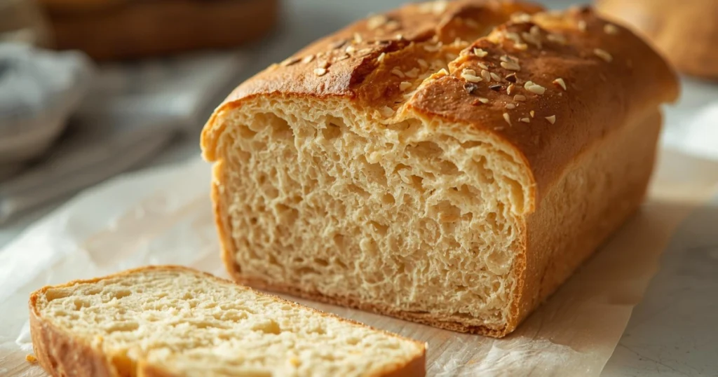 Freshly baked squaw bread loaf with a golden crust, sliced evenly on a wooden board, soft interior texture visible, warm homemade bread placed in a cozy kitchen setting.