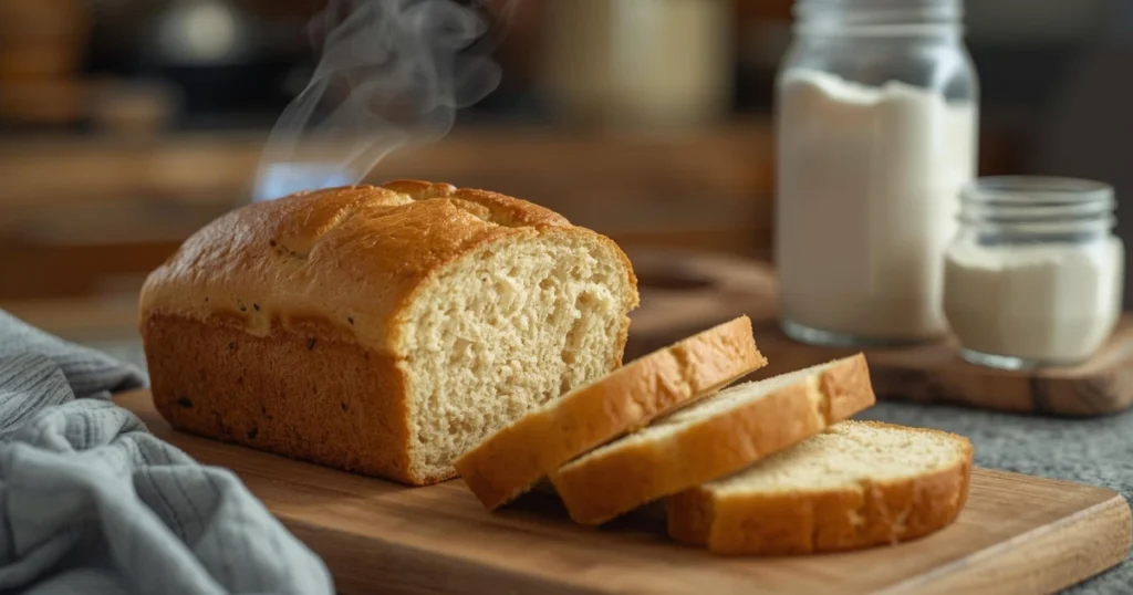 Fresh squaw bread loaf with a slightly dark golden crust, sliced pieces arranged on a wooden board, soft airy interior visible, warm homemade kitchen atmosphere.