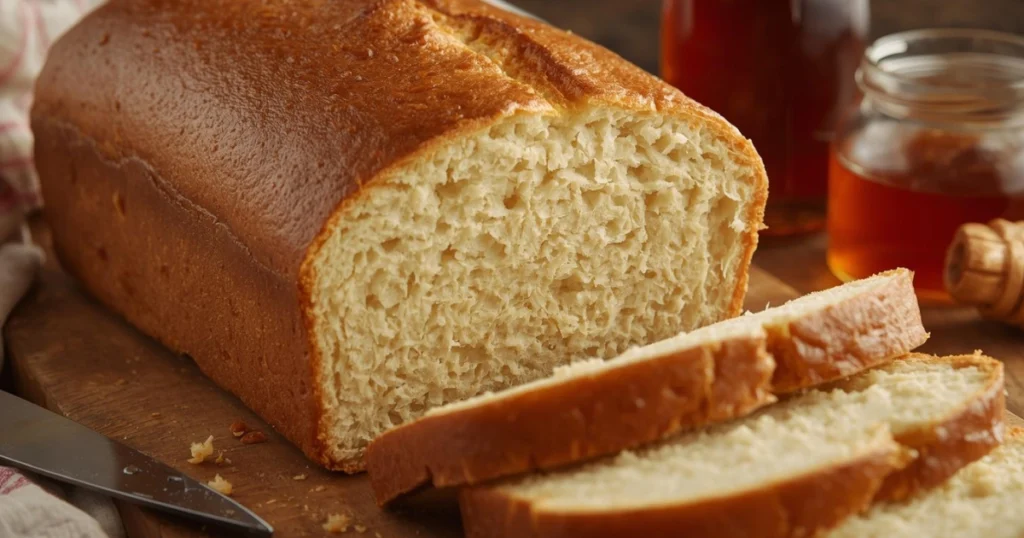 Freshly baked squaw bread loaf with a golden-brown crust, sliced on a wooden cutting board, soft fluffy interior visible, warm steam rising, rustic homemade kitchen scene.