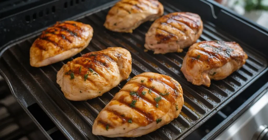Marinated chicken grilling on a hot grill with flames underneath, showing smoky cooking process.