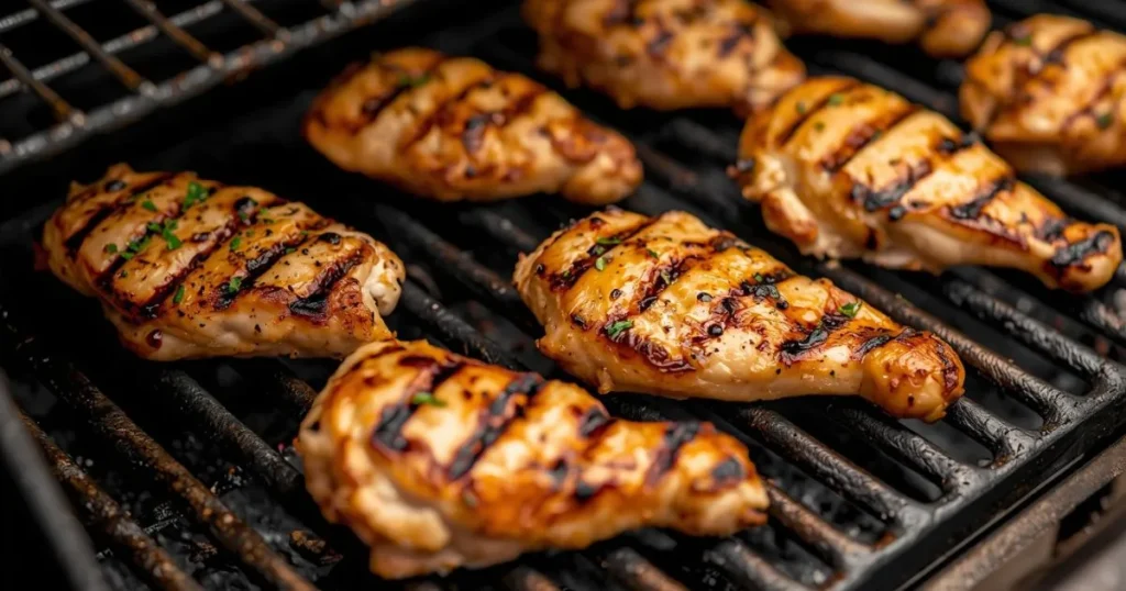 Grilled chicken being sliced on a cutting board with steam rising, indicating freshness and juiciness.