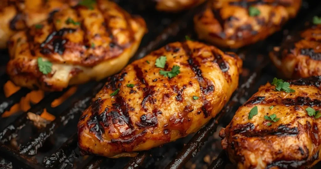 Golden-brown grilled chicken pieces arranged on a serving plate with herbs and spices.