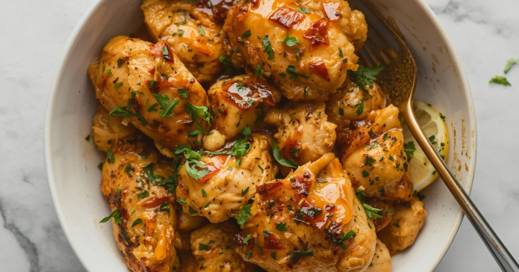 Juicy garlic chicken cooked in a skillet, dairy-free quick meal with fresh herbs and simple healthy ingredients.