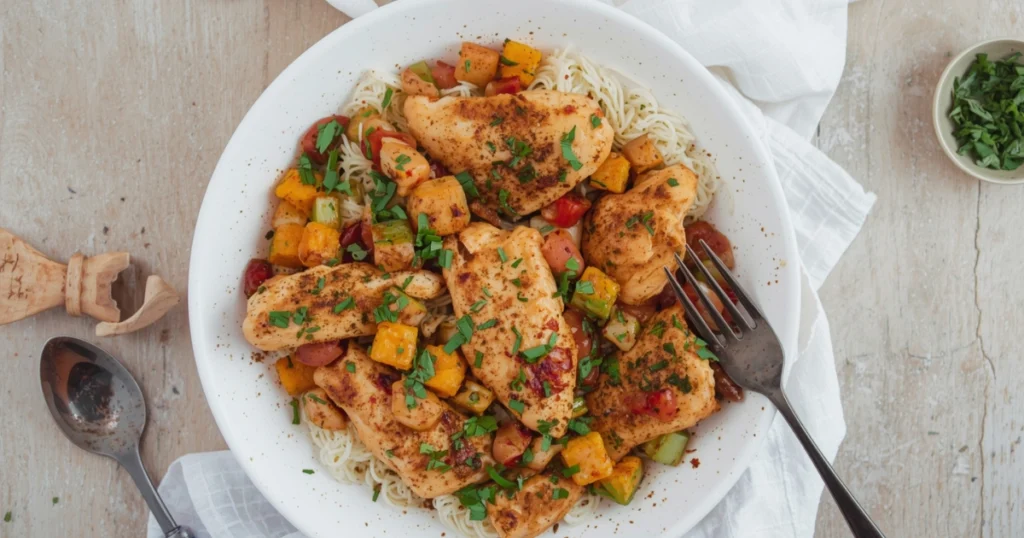 Golden garlic chicken cooked in a skillet, quick 30-minute dairy-free recipe served as a healthy weeknight dinner.
