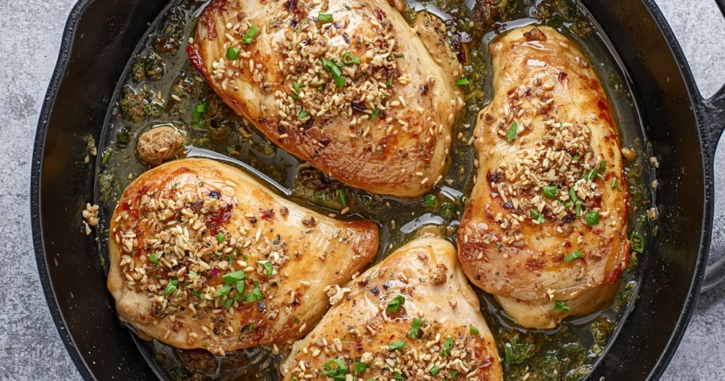 Golden garlic chicken cooked in a skillet, quick 30-minute dairy-free recipe served as a healthy weeknight dinner.